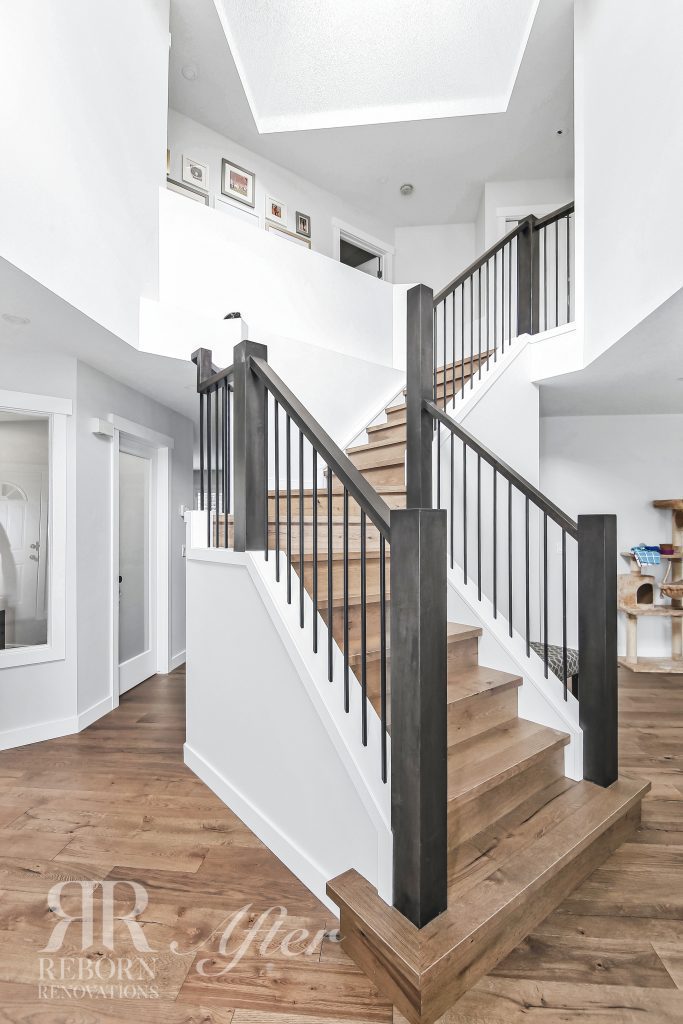 Photos of improved and renovated stairway, wooden floor, steel and wooden stairs, Calagary, AB, Canada